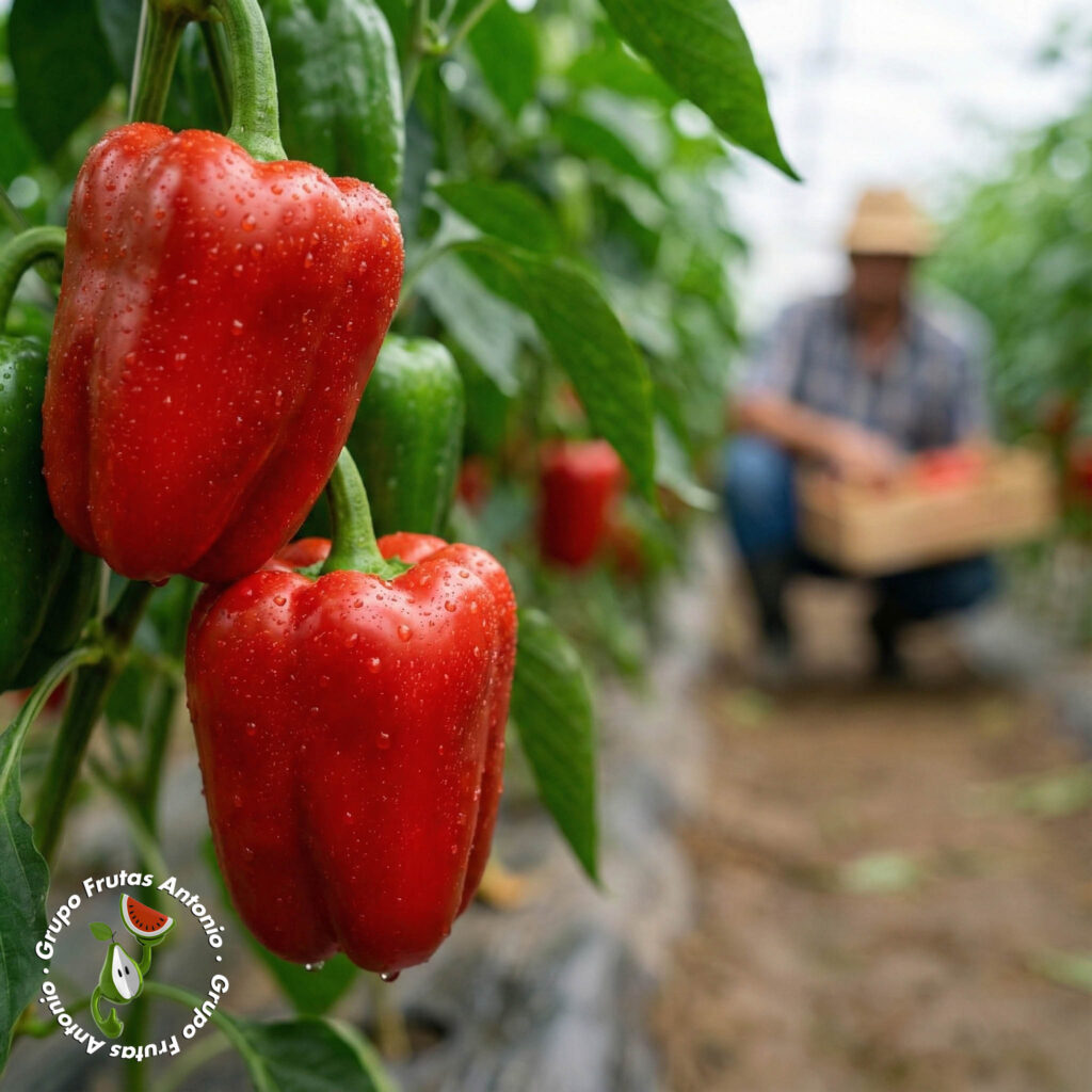 Pimiento rojo en planta en cultivo de producción propia de Grupo Frutas Antonio
