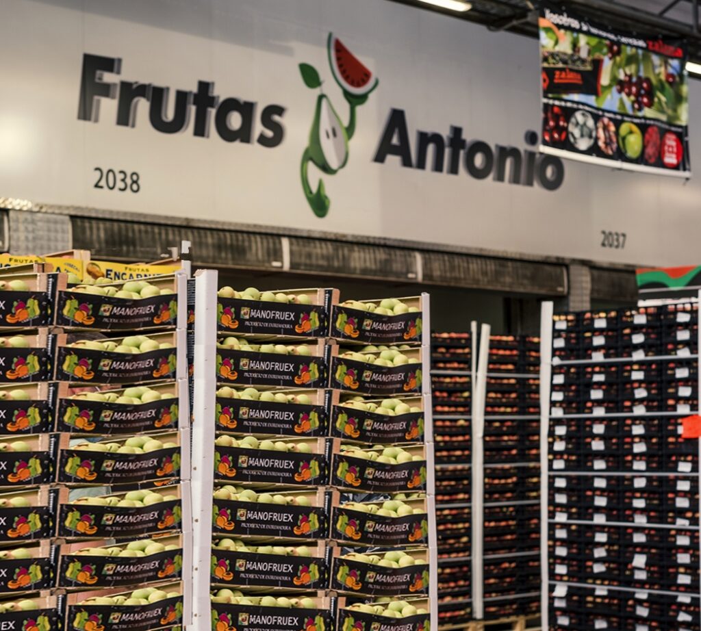 Parada de Grupo Frutas Antonio en Mercabarna con exposición de fruta fresca para distribución mayorista.