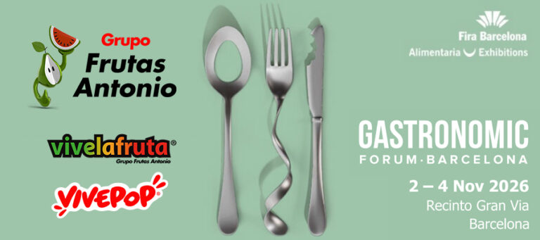 Cartel de Grupo Frutas Antonio, Frutas Antonio, Vivelafruta y VIVEPOP para Gastronomic Forum Barcelona 2026